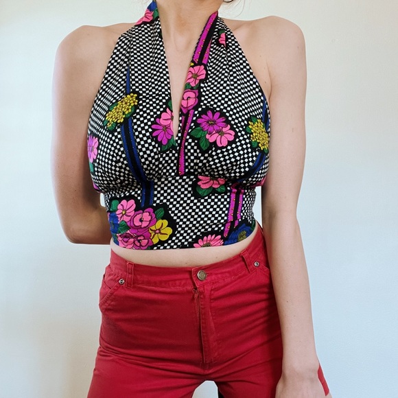 💥SOLD💥 RARE • 70s Authentic Greencastle Checkered Floral Tie Back Halter Top - Picture 3 of 5
